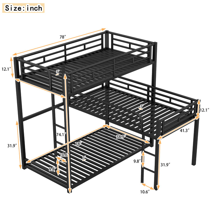 L-Shaped Triple Twin Size Bunk Bed, Industrial Design With Integrated Ladder And Full Length Guardrails - Black