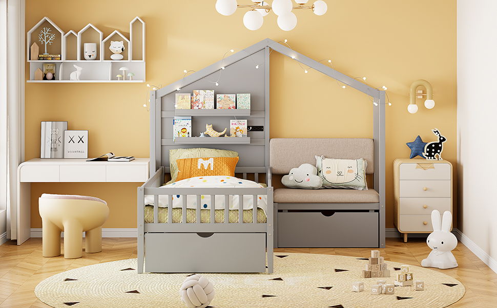 House Bed With Upholstered Sofa, Wireless Charging Station, Shelves And 2 Drawers