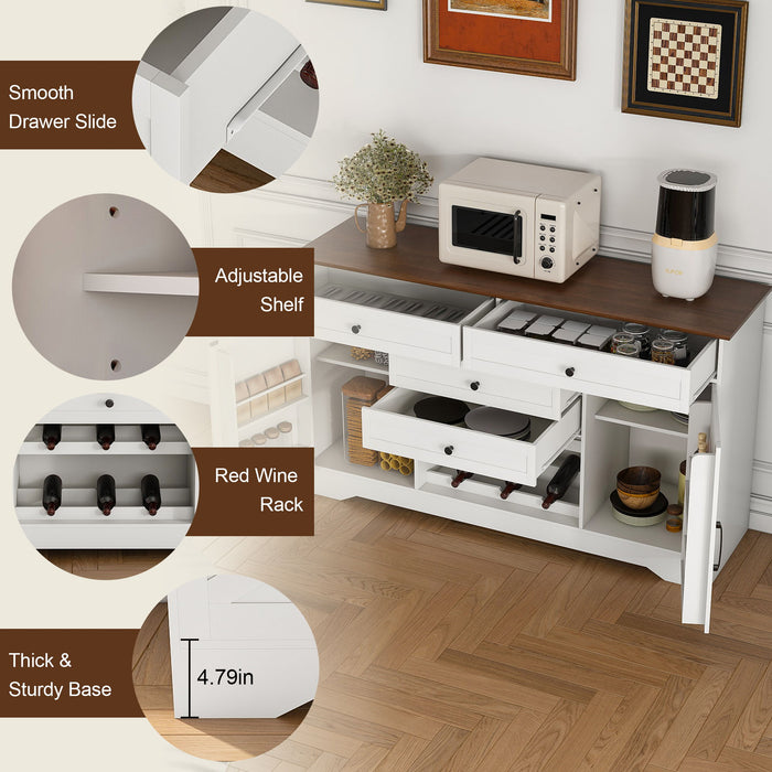 Rustic Farmhouse Kitchen Island With Storage Cabinet, Wood Top Breakfast Bar - White