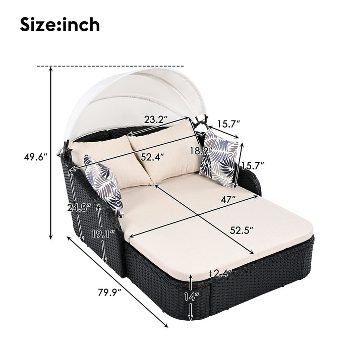 Outdoor Sunbed With Adjustable Canopy, Double Lounge, Daybed - Black / Beige
