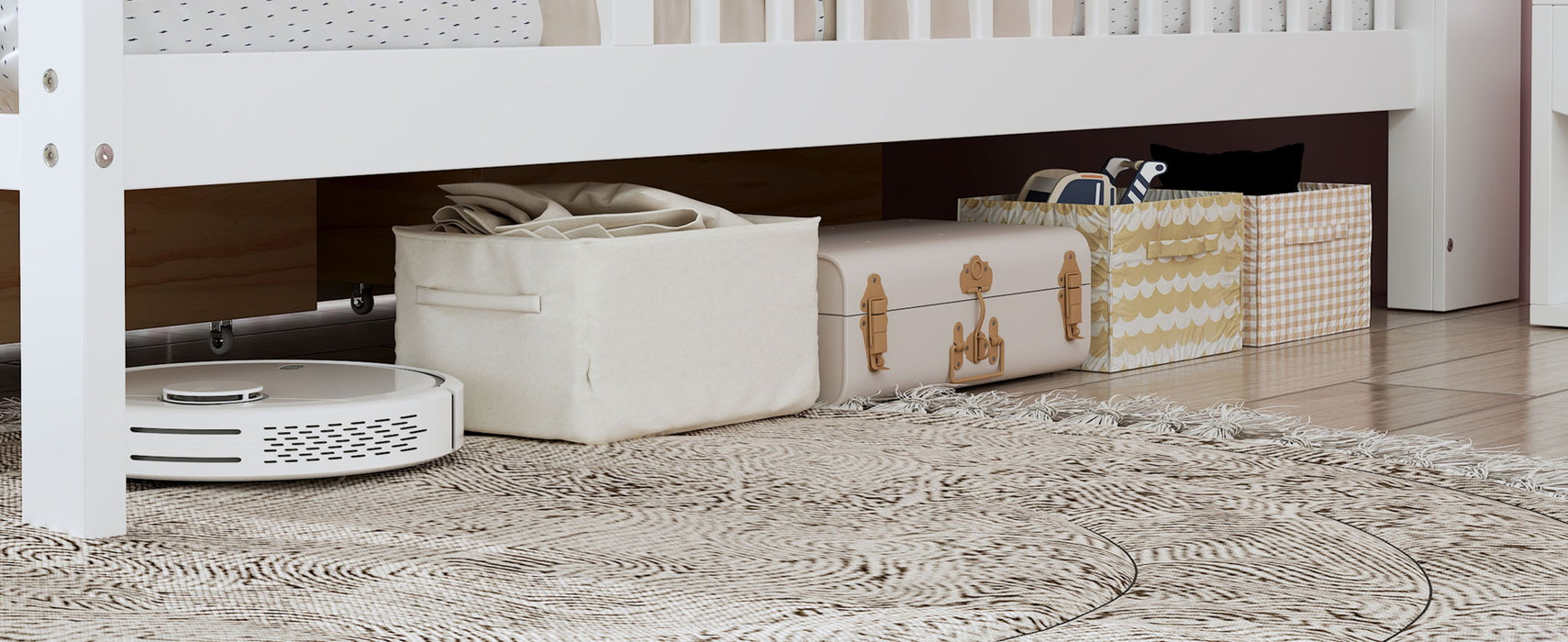 Bed With Headboard Storage Rack, 2 Under Bed Drawers, 3 Side Guardrails For Safety