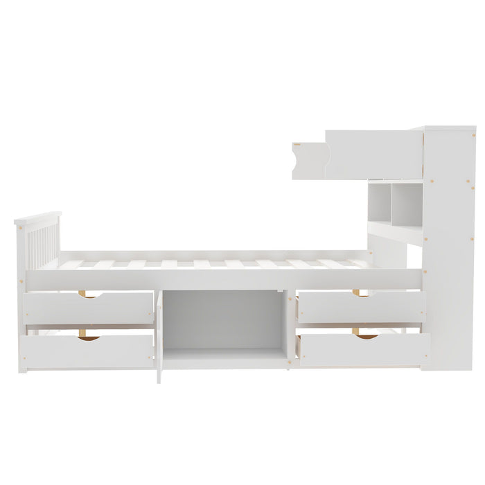 Captain Platform Bed Frame With Bookcase Headboard, 4 Drawers, Storage Shelves