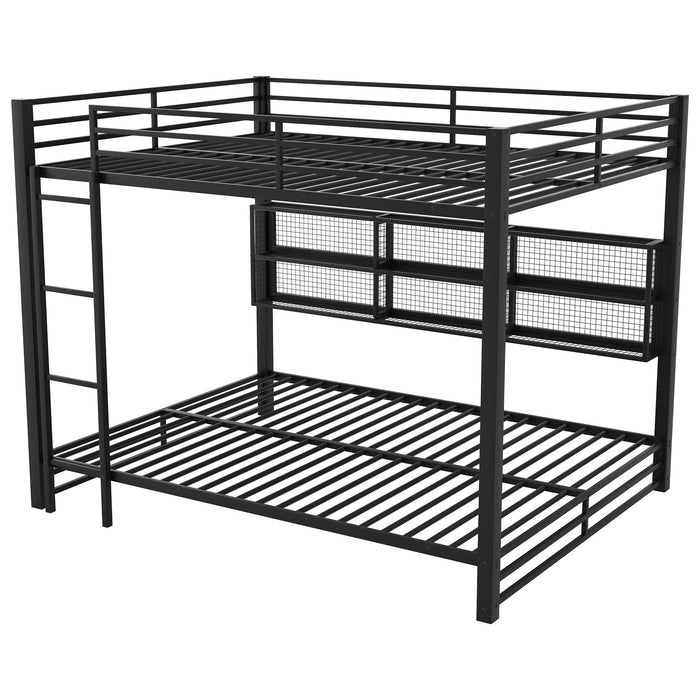 Queen Over Queen Bunk Bed With Storage Cabinets And LED Sturdy Frame, 6 Storage Units, Adjustable LED Lights - Black