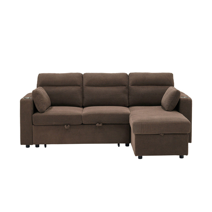 Convertible L - Shaped Sectional Sofa Bed With Storage Chaise, Cup Holders