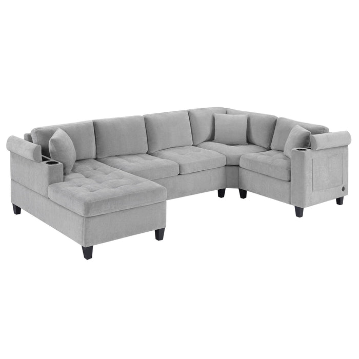U Shaped Sectional Sofa, Corner Living Room Couch With Built In Cup Holders, Storage, USB Ports