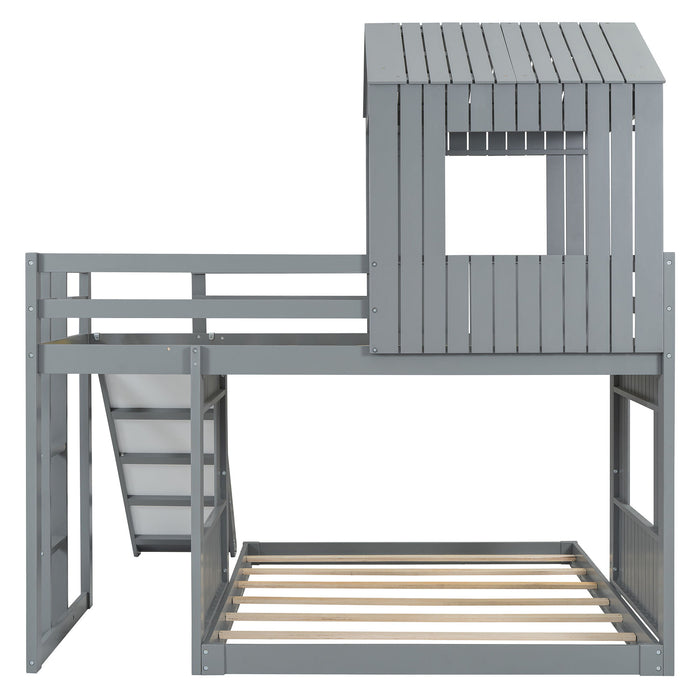 Loft Bunk Bed With Playhouse, Farmhouse, Ladder, Slide And Guardrails