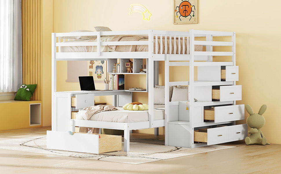 Bunk Bed With Desk, Drawers And Shelves
