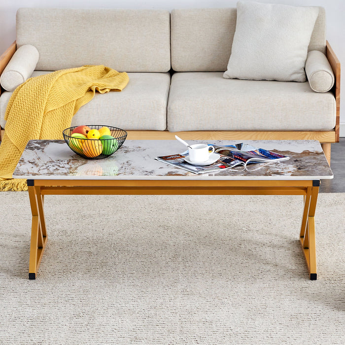 Coffee Table With A Natural And Smooth Marble Pattern On The Surface - Gold