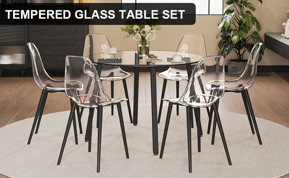 Modern Simple Style Round Transparent Tempered Glass Table, Black Metal Legs, 6 Piece Set of Modern Minimalist Transparent Dining Chairs With Black Metal Legs, Drt - 1123R Tw - 1200