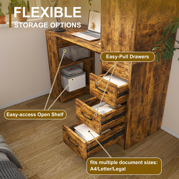 Computer Desk With 4 In 1 Socket & 3 Drawers, 4 Tier Shelves