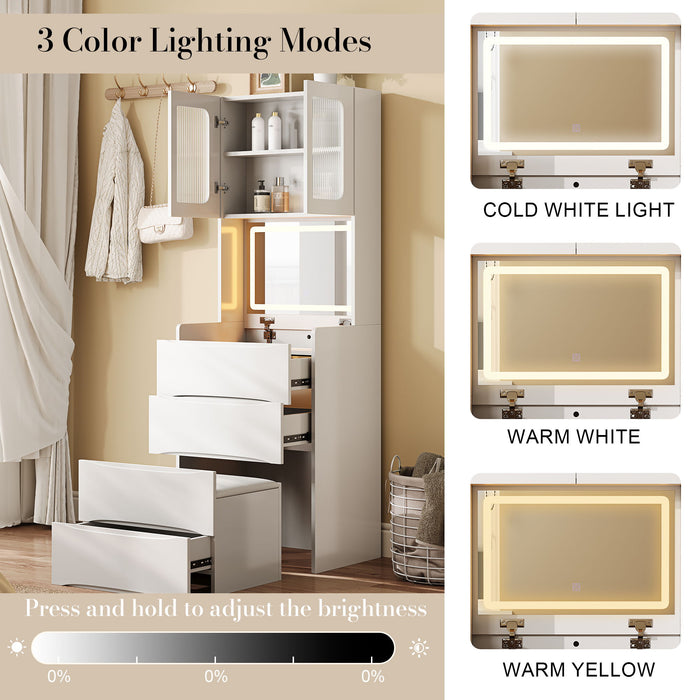 3 In 1 Vanity Table With LED Mirror & Storage Stool For Bedroom