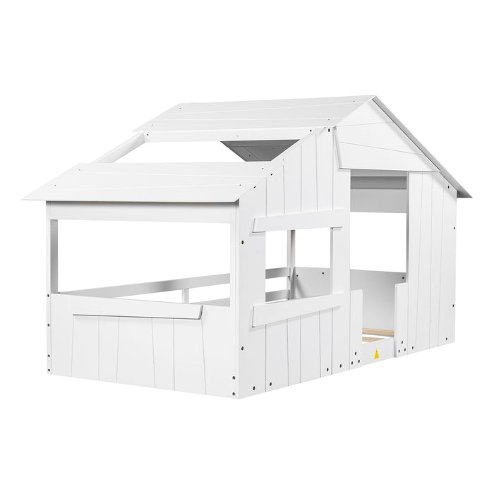 Wood Twin Size House Bed With Roof, Window And Guardrail, White