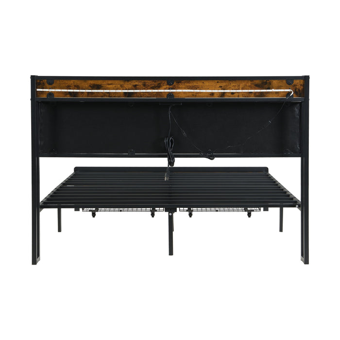 Modern Bed Frame With LED Lights, Upholstered Headboard, USB Charging