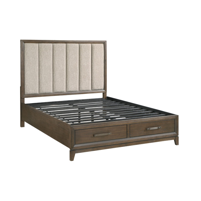 Dark Walnut Finish 1 Piece Queen Platform Bed With Footboard Storage Chenille Fabric Upholstered Headboard Classic Look Furniture