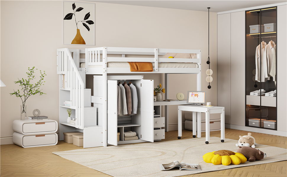 Loft Bed With Stairs, Bookshelf, Drawers, Desk & Wardrobe, Space Saving Multifunctional Furniture