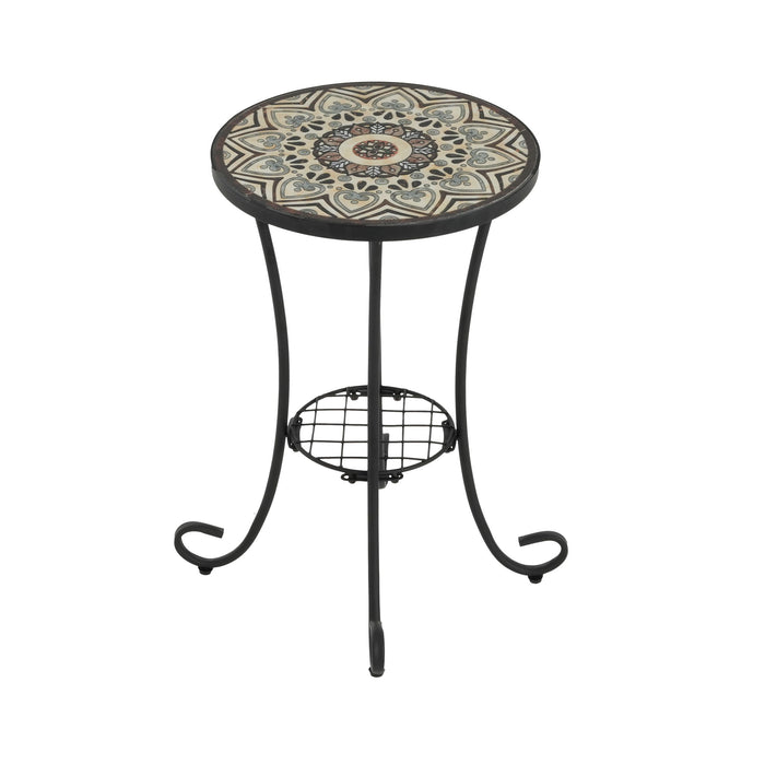 Ceramic Tile And Iron Patio Side Table With Shelf