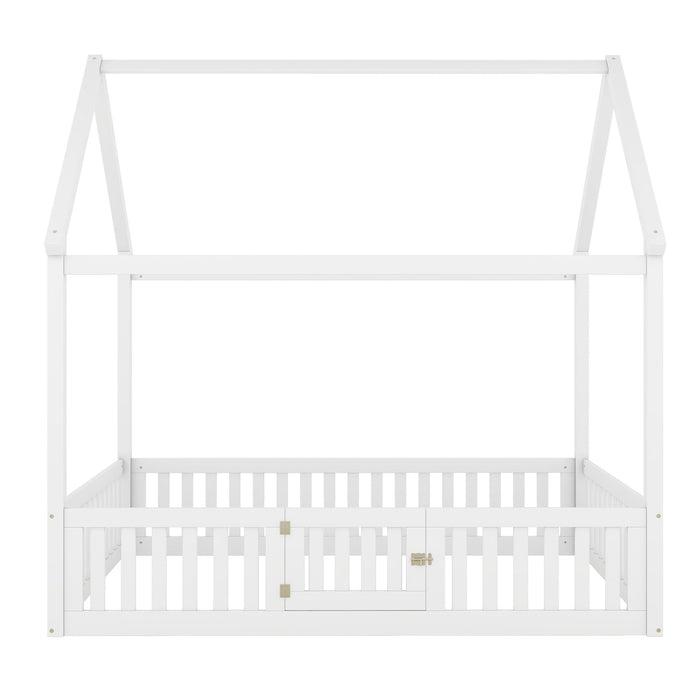 Wood House Bed With Fence And Door