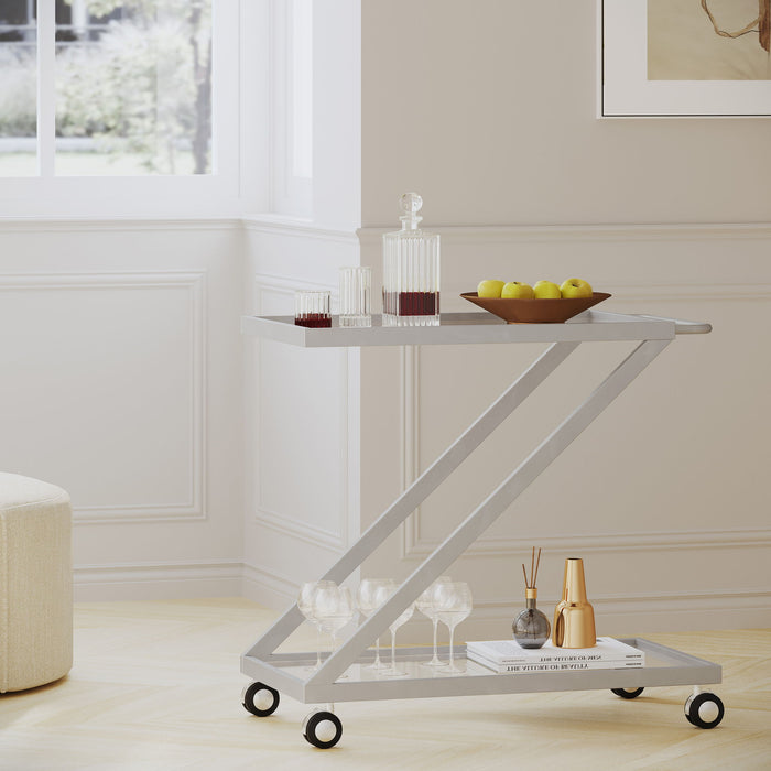 Modern Z Shaped Bar Cart With Tempered Glass Shelves - Silver
