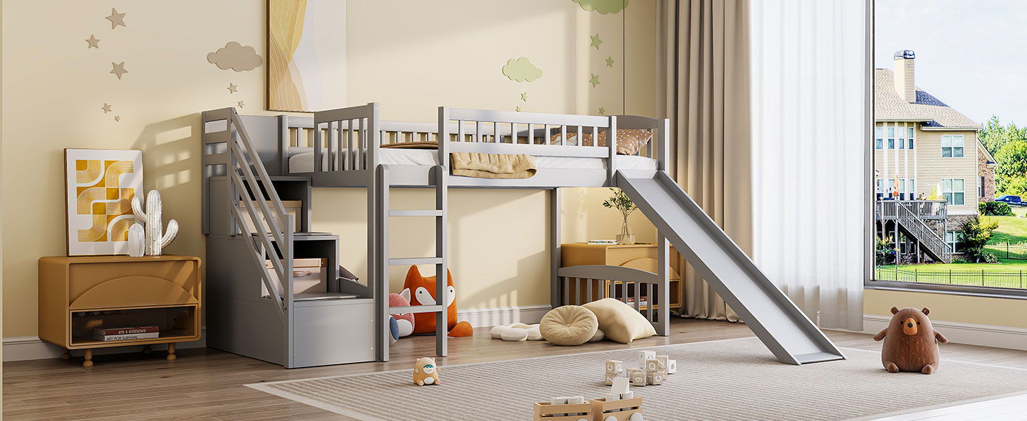 Loft Stairway Bed With 2 Drawers, Convertible Ladder And Slide
