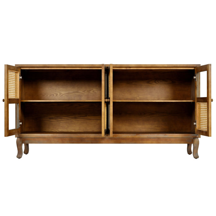 Retro Industrial 4 Door Sideboard With Large Storage, Rattan And Glass Doors