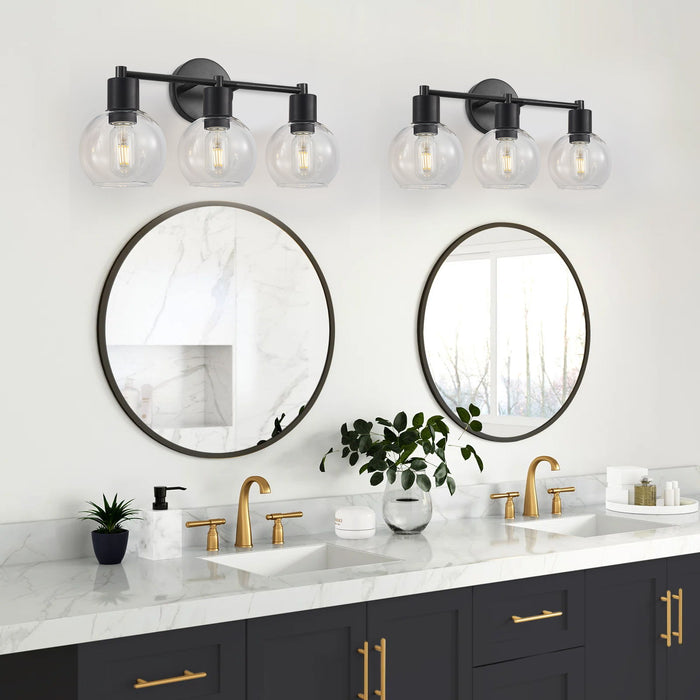 3 Light Globe Bathroom Vanity Light With Clear Glass Shades - Black