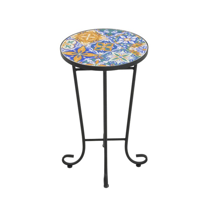 French Country Patio Side Table With Vibrant Tile Top