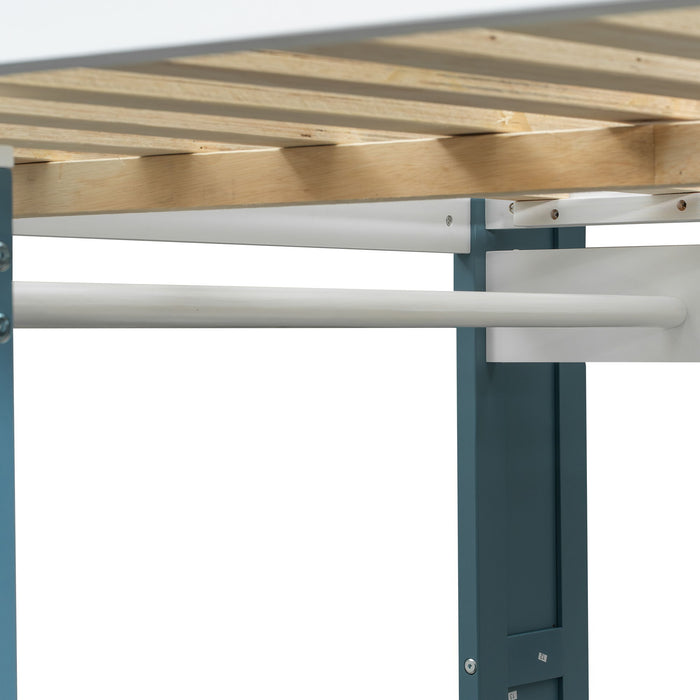 Loft Bed With Built In Storage Shelves, Clothes Rail, And Desk