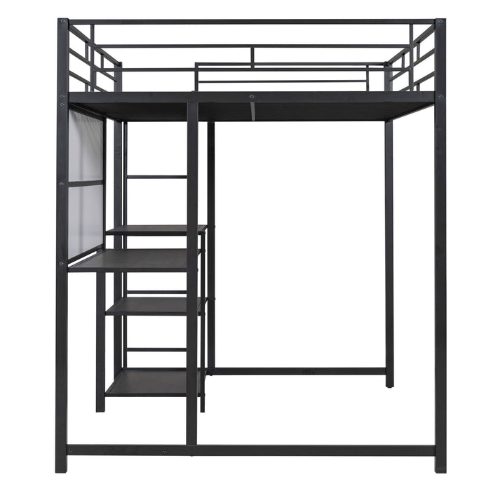 Metal Loft Bed With Desk, 3 Shelves And Ladder