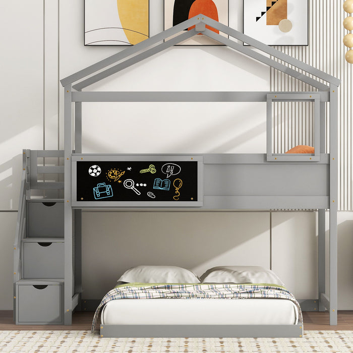House Style Bunk Bed With Storage Staircase And Blackboard