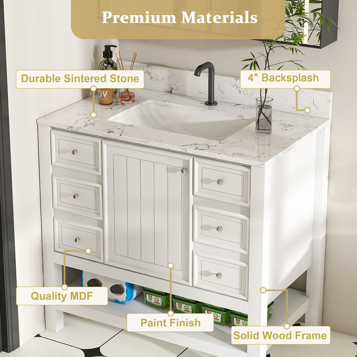 37" Bathroom Vanity, Multi Functional Cabinet With Doors And Drawers, Frame, Single Faucet Hole - White