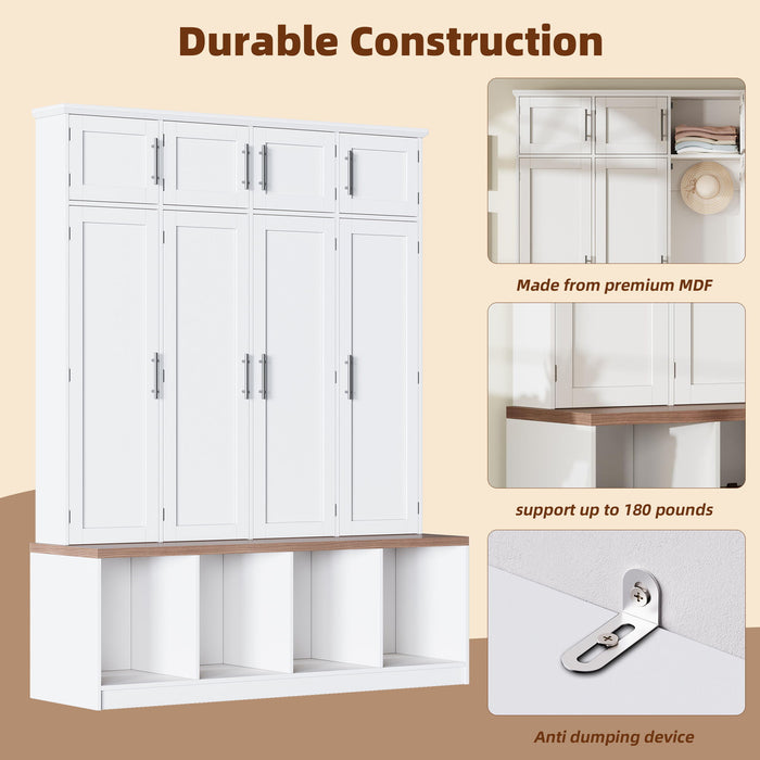 Farmhouse Hall Tree With 4 Hidden Hanging Hooks And 8 Doors