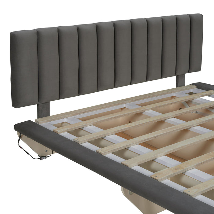 Upholstered Floating Hydrualic Platform Bed With LED Light And USB Port