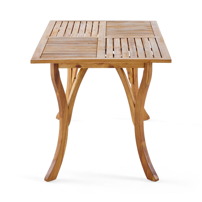 Outdoor Rectangular Table With Curved Legs And Perpendicular Wooden Slats Table Top