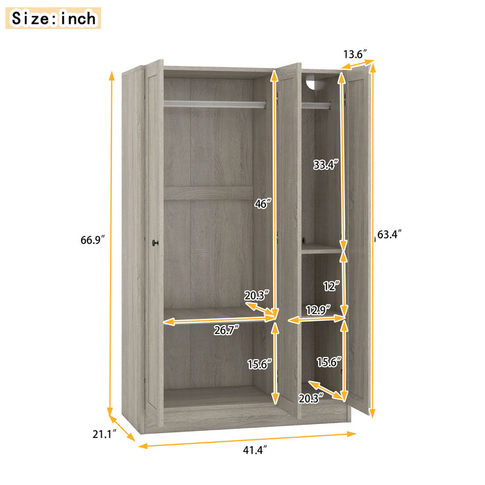 3 Door Shutter Wardrobe With Shelves, Gray