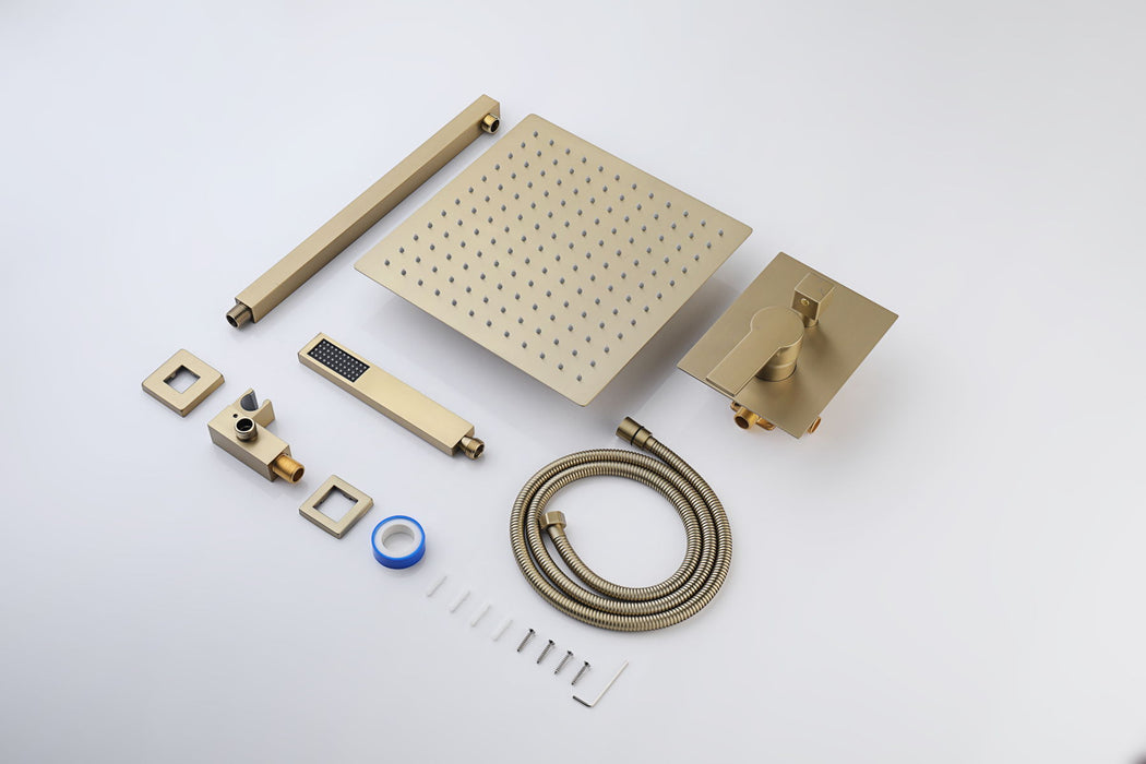 10Inch Brushed Gold Brass Rainfall Shower System, Luxuly Bathroom Shower Faucet Combo Set