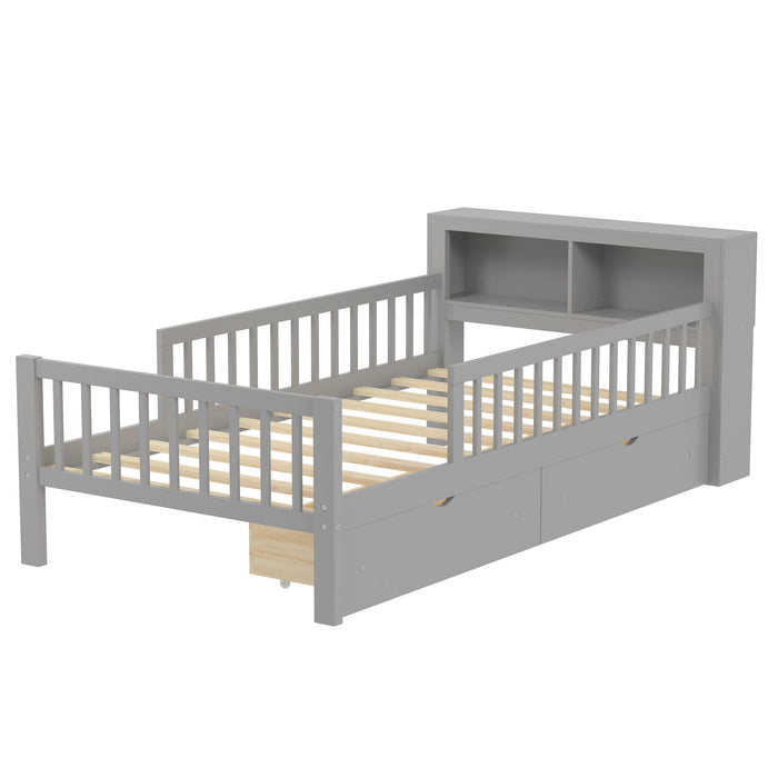 Bed With Headboard Storage Rack, 2 Under Bed Drawers, 3 Side Guardrails For Safety