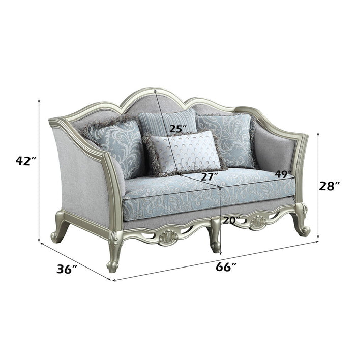 Qunsia - Loveseat With 4 Pillows - Light Gray Linen & Champagne