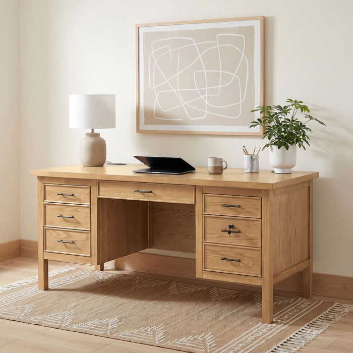 Vermes 66-inch 7-drawer Computer Desk with Power Outlet Light Ash