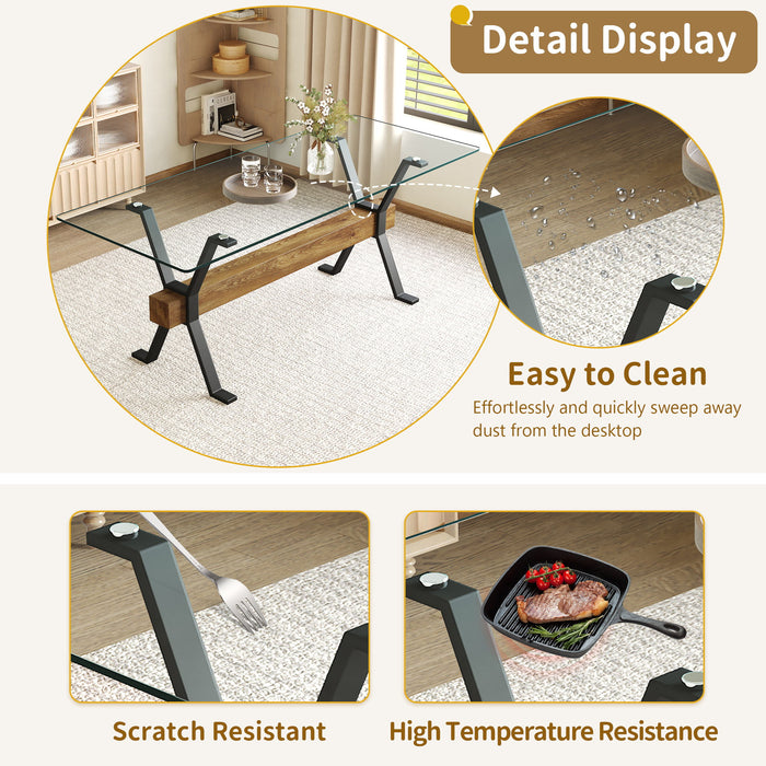 Elegant Tempered Glass Dining Table With X Shaped Metal Legs And Wood Grain Crossbeam - Black / Transparent