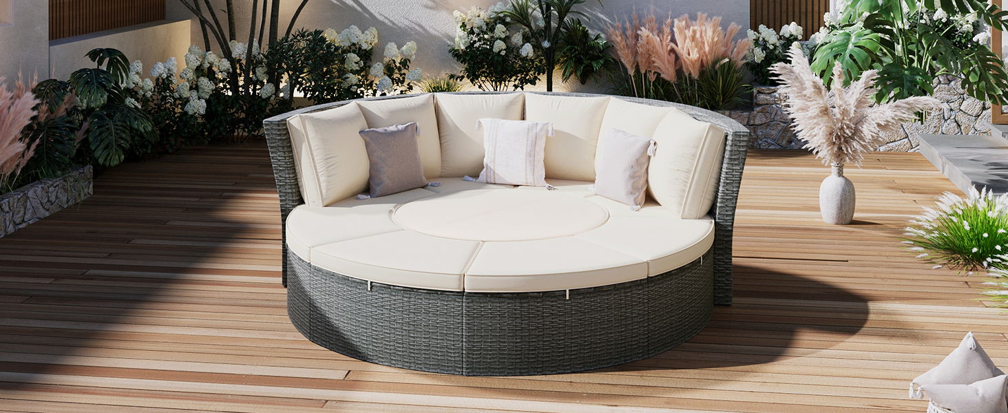 Topmax Patio 5 Piece Round Rattan Sectional Sofa Set All-Weather PE Wicker Sunbed Daybed With Round Liftable Table And Washable Cushions For Outdoor Backyard Poolside, Beige