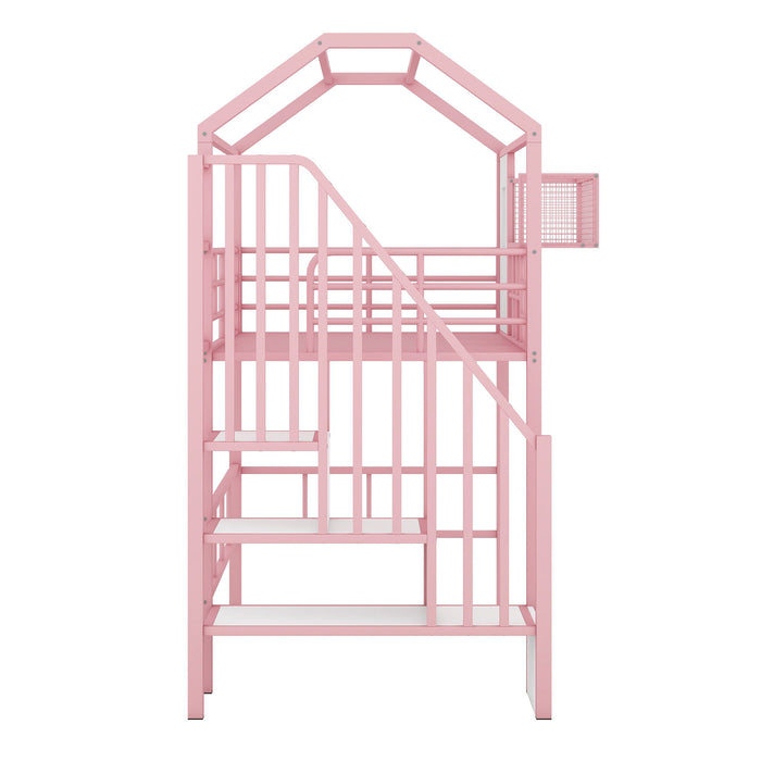 Metal Loft Bed With Roof Design And Storage Box With Guardrails And Integrated Ladder