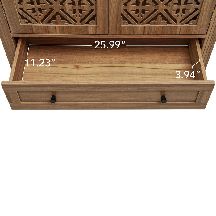 Tall Kitchen Pantry Cabinet With Hollow Carved Doors 2 Drawers And Adjustable Shelves Storage Display Cabinet For Kitchen Dining Room Or Living Room - Walnut