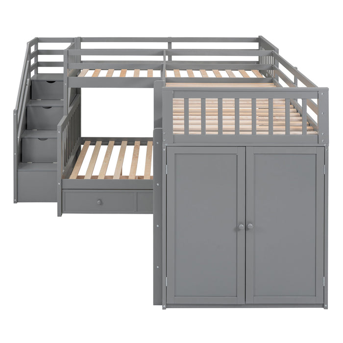 L Shaped Bunk Bed With 3 Drawers, Portable Desk And Wardrobe