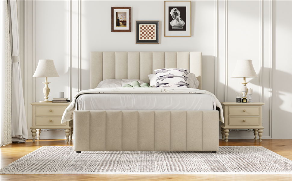 Upholstered Platform Bed With Twin Size Trundle And 3 Drawers