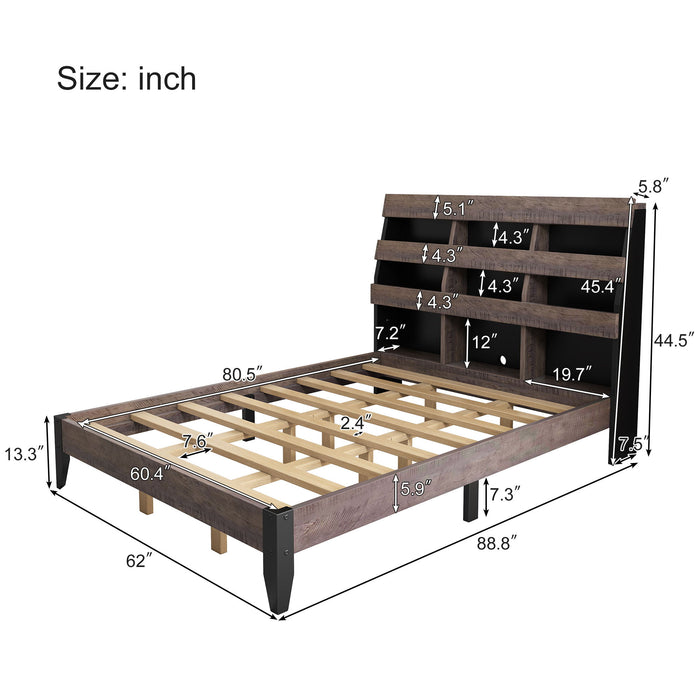 Mid Century Modern Style Queen Bed Frame With Bookshelf And Led Lights And Usb Port, Walnut And Black
