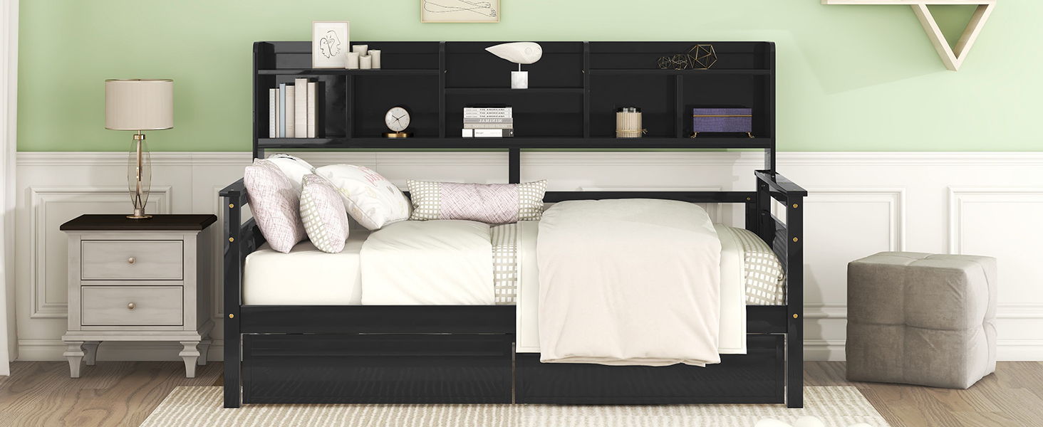 Daybed, Slat Support, With Bedside Shelves And 2 Drawers