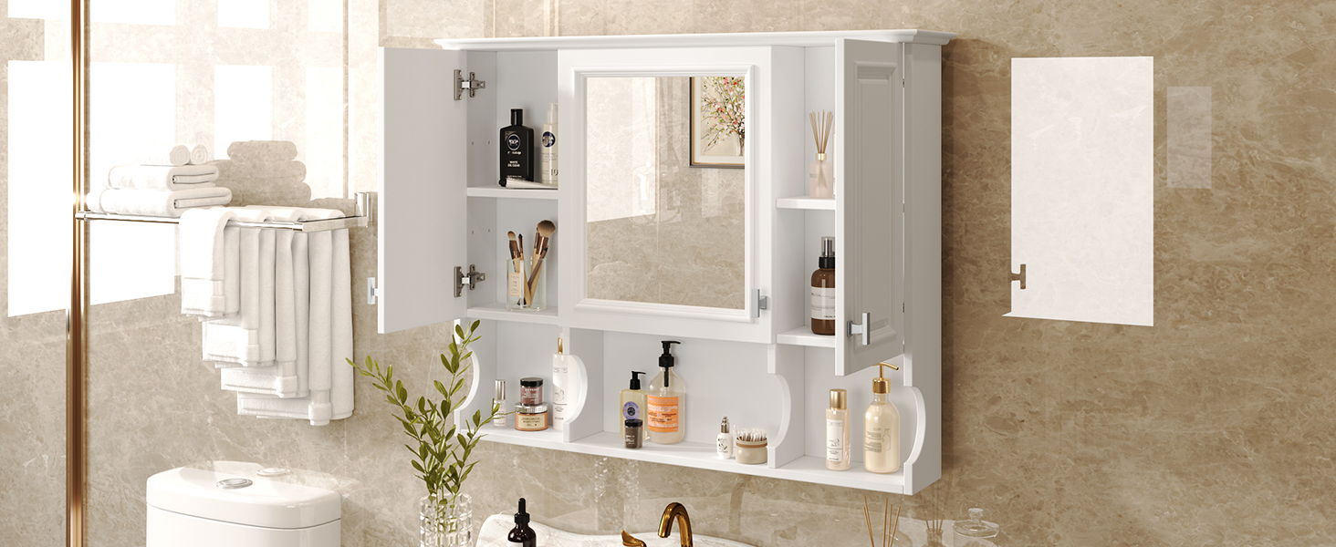Wall Mounted Bathroom Medicine Wall Cabinet With Mirror & Open Shelves