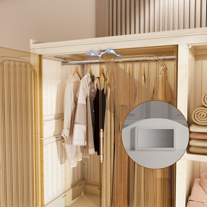 Portable Wardrobe Closet Storage Organizer For Clothes, 9 Magnetic Doors With 9 Cubes & 2 Hanging Rods, 6 Hangers - Cream White