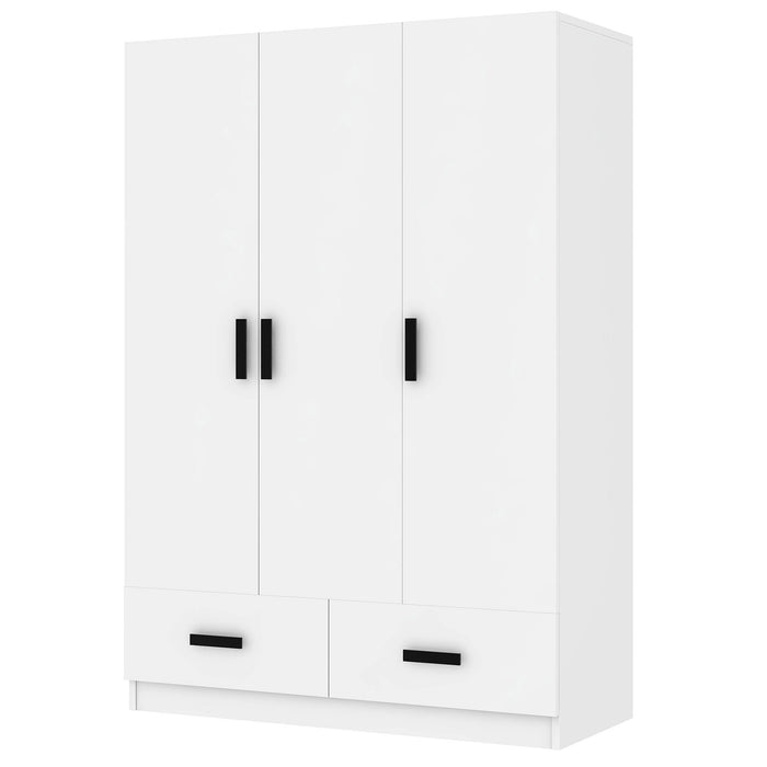 3 Door Wardrobe Closet With Storage Drawers, Shelves And Hanging Rod - White