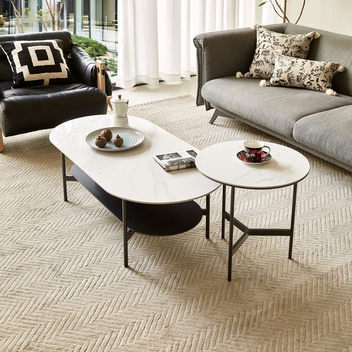 Contemporary Coffee Table Sintered Stone Surface With Ceramic Finish Double Layer Design Base Matte Shelf Modern Living Room Center Table - White / Gray